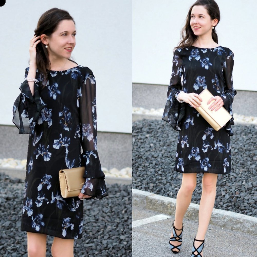 H&M Black/Floral Flounce Sleeved Dress